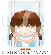 Clipart Of A 3d Grinning White Girl Holding A Torch Over Columns Royalty Free Vector Illustration by Cory Thoman