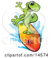 Sporty Green Gecko Riding A Colorful Surfboard And Rushing Through Blue Water