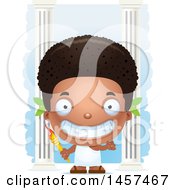 Clipart Of A 3d Grinning Black Boy Holding An Olympic Torch Over Columns Royalty Free Vector Illustration by Cory Thoman