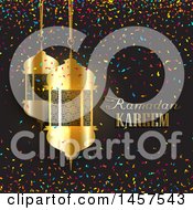 Gold Patterned Hanging Lanterns With Ramadan Kareem Text Over A Colorful Confetti And Black Background