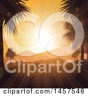 Clipart Of A Tropical Sunset Background With Mountains And Palm Trees Royalty Free Vector Illustration