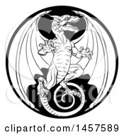 Clipart Of A Black And White Dragon In A Circle Royalty Free Vector Illustration