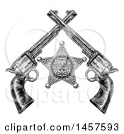 Poster, Art Print Of Black And White Woodcut Etched Or Engraved Sheriff Star And Crossed Vintage Revolver Pistols
