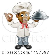 Clipart Of A Cartoon Happy Full Length Black Male Chef Holding A Cloche Platter And Gesturing Perfect Royalty Free Vector Illustration