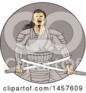 Clipart Of A Drawing Styled Samurai Warror Crossing Katana Swords In A Circle Royalty Free Vector Illustration