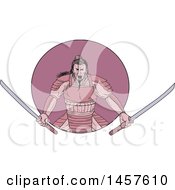 Poster, Art Print Of Drawing Styled Samurai Warror Wielding Two Katana Swords In A Purple Circle