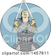 Poster, Art Print Of Drawing Styled Samurai Warror With Crossed Arms And Swords In A Blue Circle