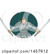 Poster, Art Print Of Drawing Styled Samurai Warror Wielding Two Katana Swords In A Teal Circle