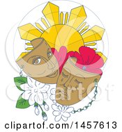 Mono Line Styled Phillipine Sun Hibiscus And Jasmine Flowers With Theater Masks