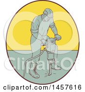 Clipart Of A Drawing Styled Construction Worker Operating A Jackhammer Drill In An Oval Royalty Free Vector Illustration