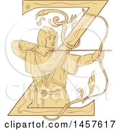 Poster, Art Print Of Drawing Styled Medieval Archer Aiming An Arrow Over A Letter Z