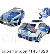 Clipart Of A German Police Car Shown From Two Different Angles With A Map And Euro Police Text Royalty Free Vector Illustration