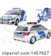 Poster, Art Print Of Hungarian Police Car Shown From Two Different Angles With A Map And Euro Police Text