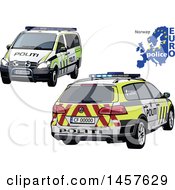 Poster, Art Print Of Norwegian Police Car Shown From Two Different Angles With A Map And Euro Police Text