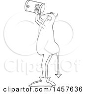 Clipart Of A Chubby Black And White Devil Chugging Water From A Beverage Cooler Royalty Free Vector Illustration