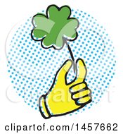 Clipart Of A Pop Art Styled Yellow Hand Holding A Shamrock Over A Halftone Circle Royalty Free Vector Illustration by Cherie Reve