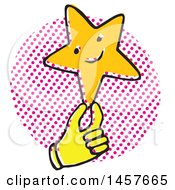 Clipart Of A Pop Art Styled Yellow Hand Holding A Star Over A Halftone Circle Royalty Free Vector Illustration