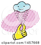 Poster, Art Print Of Pop Art Styled Yellow Hand Holding A Rain Cloud Over A Halftone Oval