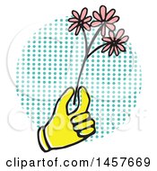 Poster, Art Print Of Pop Art Styled Yellow Hand Holding Flowers Over A Halftone Circle