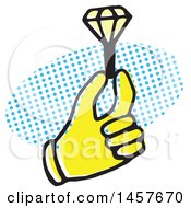 Clipart Of A Pop Art Styled Yellow Hand Holding A Diamond Ring Over A Halftone Oval Royalty Free Vector Illustration