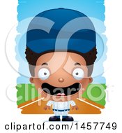 Clipart Of A 3d Happy Black Boy Baseball Player Over Strokes Royalty Free Vector Illustration