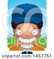 Clipart Of A 3d Grinning Black Boy Baseball Player Over Strokes Royalty Free Vector Illustration