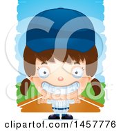 Clipart Of A 3d Grinning White Girl Baseball Player Over Strokes Royalty Free Vector Illustration