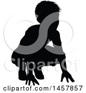 Clipart Of A Black Silhouetted Boy Crouching Royalty Free Vector Illustration