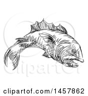 Clipart Of A Sketched Black And White Fish Royalty Free Vector Illustration
