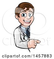 Clipart Of A Cartoon Friendly Brunette White Male Doctor Pointing Around A Sign Royalty Free Vector Illustration