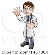 Poster, Art Print Of Cartoon Friendly Brunette White Male Doctor Waving And Giving A Thumb Up