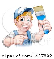 Poster, Art Print Of Cartoon Happy White Male Painter Holding Up A Brush And Pointing
