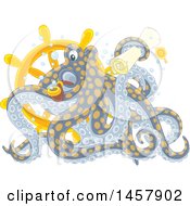 Clipart Of An Octopus Holding A Scroll And Pipe At A Sunken Helm Royalty Free Vector Illustration