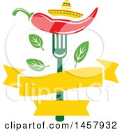 Poster, Art Print Of Mexican Cuisine Design With A Chili Pepper On A Fork Sombrero Hat Leaves And Blank Banner
