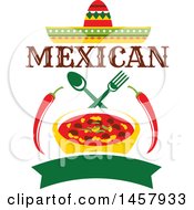 Poster, Art Print Of Mexican Cuisine Design With A Sombrero Chiles Bown Of Chili Silverware And Banner