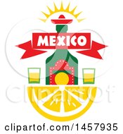 Clipart Of A Mexican Design With An Alcohol Bottle And Glasses Over A Lemon Wedge Royalty Free Vector Illustration