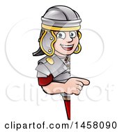 Clipart Of A Cartoon Happy Roman Soldier Pointing Around A Sign Royalty Free Vector Illustration