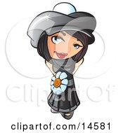 Poster, Art Print Of Sweet And Attractive Short Haired Brunette Woman In A Black Hat And Dress With A White Daisy Belt
