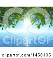 Poster, Art Print Of 3d Background Of Green Leaves A Sunny Sky And Ocean Water