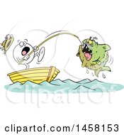 Poster, Art Print Of Cartoon Frightened Moodie Character Reeling In A Monster Fish While Fishing In A Boat