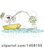 Poster, Art Print Of Cartoon Happy Moodie Character Catching A Big Fish While Fishing In A Boat