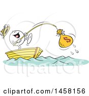 Poster, Art Print Of Cartoon Happy Moodie Character Catching A Money Bag While Fishing In A Boat