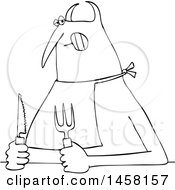 Clipart Of A Chubby Hungry Devil Wearing A Big And Holding Cutlery Royalty Free Vector Illustration