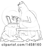 Clipart Of A Chubby Devil Sitting On A Boulder And Using A Laptop Computer Royalty Free Vector Illustration