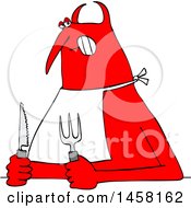 Poster, Art Print Of Chubby Hungry Red Devil Wearing A Big And Holding Cutlery