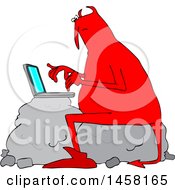 Clipart Of A Chubby Red Devil Sitting On A Boulder And Using A Laptop Computer Royalty Free Vector Illustration