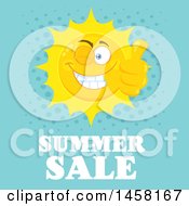 Clipart Of A Happy Sun Mascot Giving A Thumb Up And Winking Over Summer Sale Text On Blue Royalty Free Vector Illustration