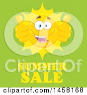 Clipart Of A Happy Sun Mascot Giving Two Thumbs Up Over Summer Sale Text On Green Royalty Free Vector Illustration