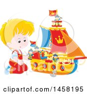 Poster, Art Print Of Caucasian Boy Kneeling And Playing With A Toy Boat