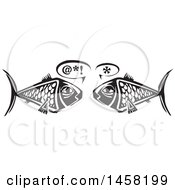 Poster, Art Print Of Woodcut Styled Owl Pair Of Fish Talking In Black And White